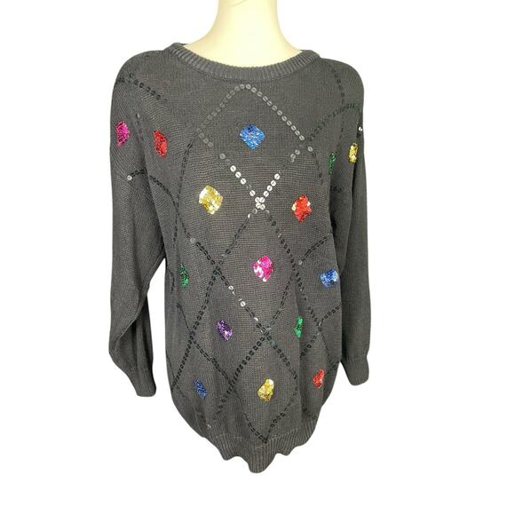 Vintage Leslie Fay Knit Sequins Sweater Holiday Sz M Tunic Christmas Sweater - Picture 4 of 10